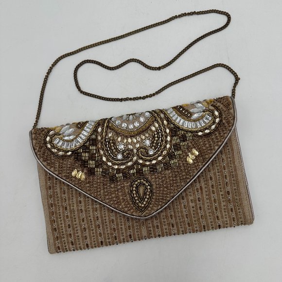 LA CHIC DESIGNS Beaded and Embroidered Clutch Envelope Bag with Crossbody Chain - Picture 1 of 6